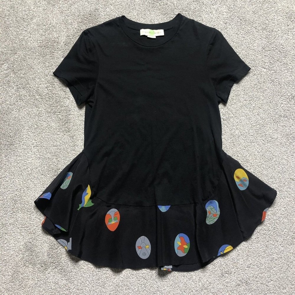 Stella McCartney Black Short-Sleeve Peplum Tee with Multicolor Medallions